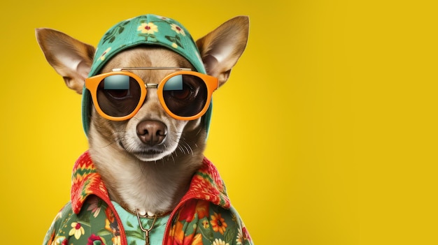 Advertising portrait banner cool looking chihuahua dog in glasses dressed in a hippie outfit