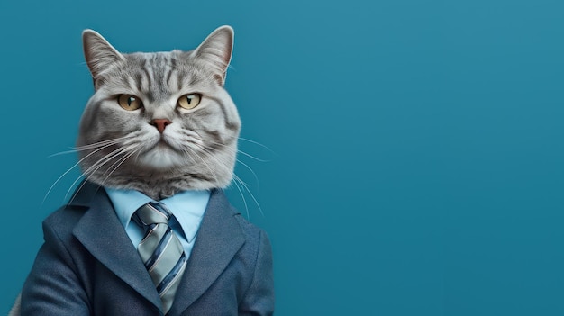 Advertising portrait banner serious classic gray cat business big boss in suit with a tie isolated