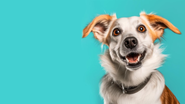 Advertising portrait banner smiling whitered spotted dog with a surprised look and raised ears