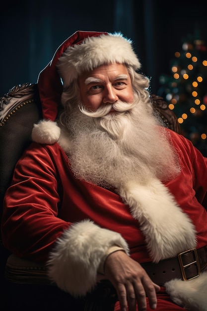 Advertising portrait of friendly Santa Claus looking and smiling at camera in studio production