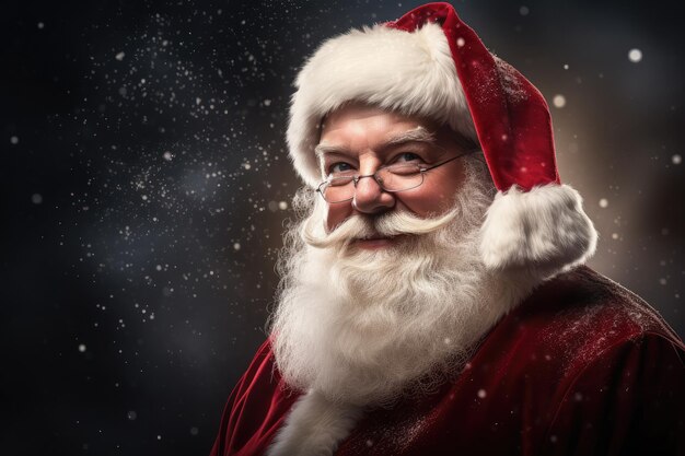 Advertising portrait of friendly Santa Claus looking and smiling at camera in studio production