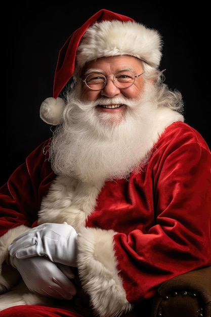 Advertising portrait of friendly Santa Claus looking and smiling at camera in studio production