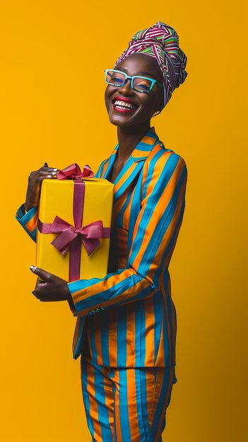 Advertising portrait in front view african woman holding big gift box smiling fashion suit