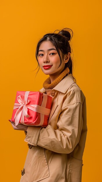 Advertising portrait in front view asian woman holding big gift box smiling fashion clothes
