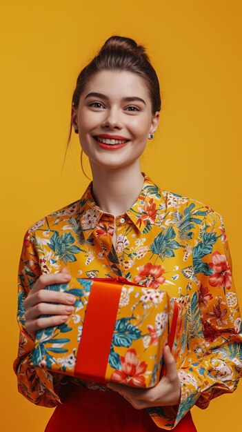 Advertising portrait in front view european woman holding big gift box smiling fashion vibrant