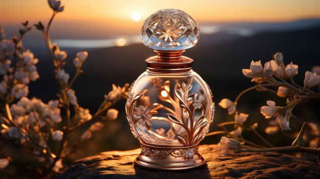 Advertising post showcasing the essence of a luxurious perfume bottle amidst a stunning backdrop