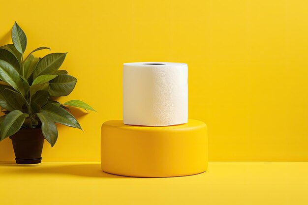 Advertising a roll of toilet paper positioned atop a vibrant yellow backdrop