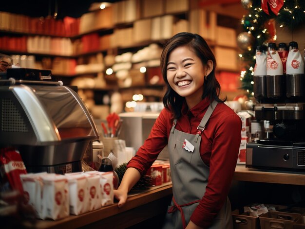 Photo advertising scene asian barista woman xmas barista clothes cool hairstyle smiling coffee