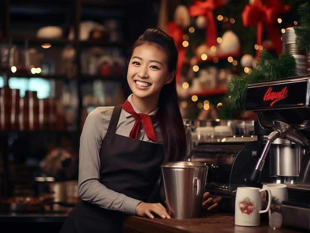 Photo advertising scene asian barista woman xmas barista clothes cool hairstyle smiling coffee