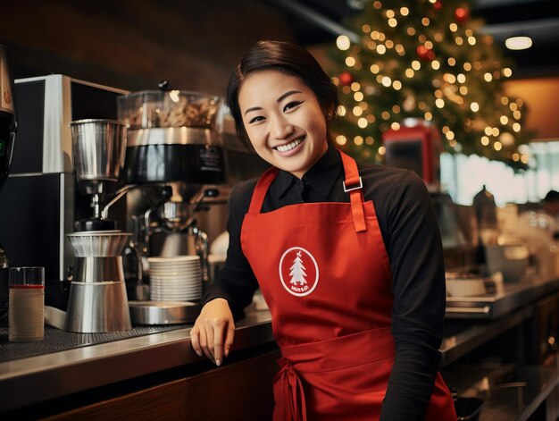 写真 広告シーン アジアのバリスタ女性 クリスマスバリスタ服 涼しいヘアスタイル 笑顔のコーヒー