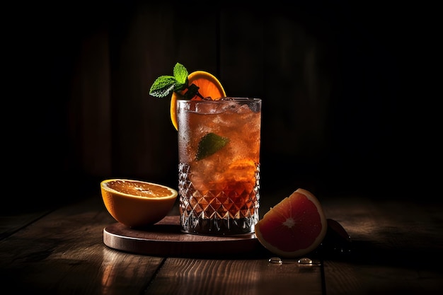 Advertising Shot of a cocktail or beverage with fruits and ice Generative Ai