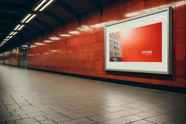 Photo advertising signs hanging on the walls inside the subway station the photo was taken at an angle