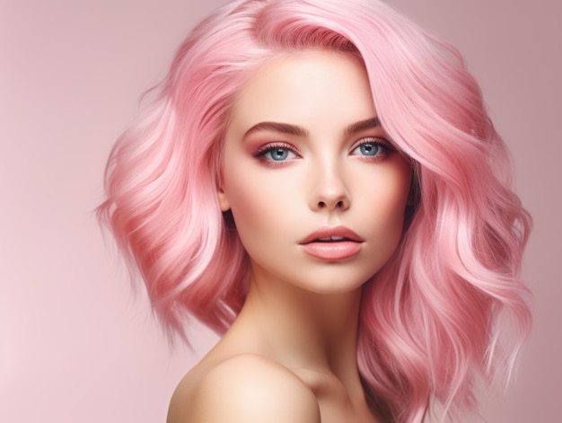 広告スキンケア美しい女性モデルの美しさのスタイルで鮮やかなピンクの髪