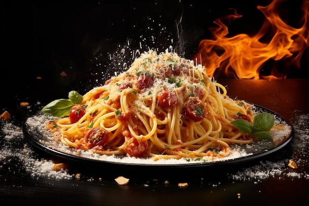 Реклама спагетти-наполи с пармезанским сыром традиционное итальянское блюдо