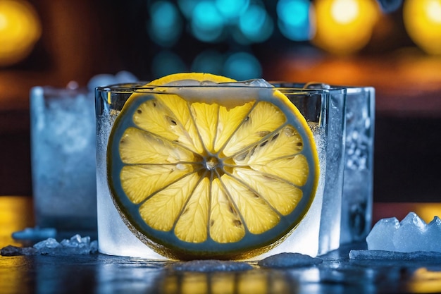 advertising stilllife with sliced lemon in ice cubes over night club background Bar counter