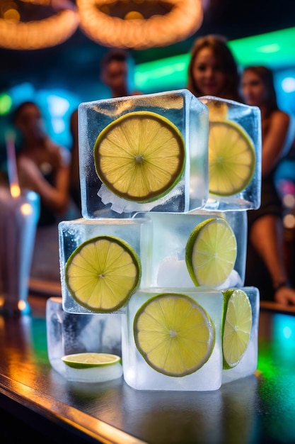 advertising stilllife with sliced lime in ice cubes over night club background Bar counter