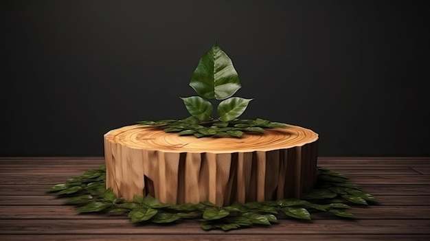 Advertising Wood slice podium and green leaves Generative Ai