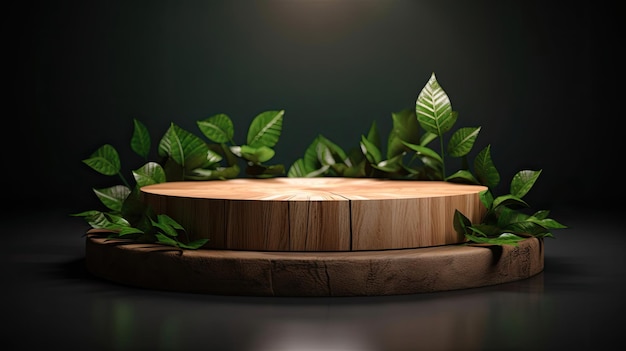 Advertising Wood slice podium and green leaves Generative Ai