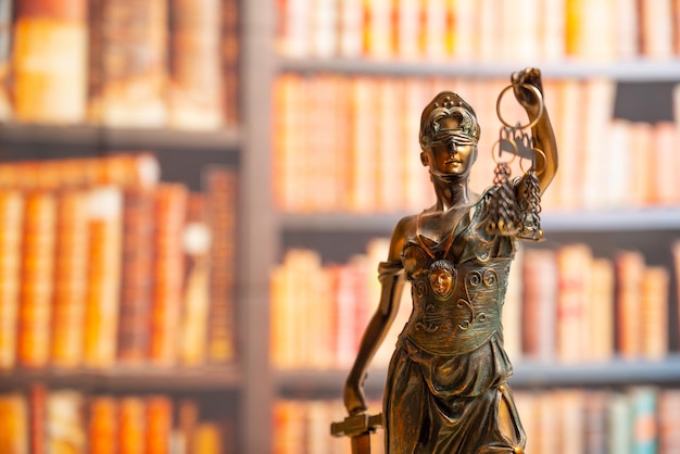 Advocatenkantoor Standbeeld van Justitie met schalen close-up tegen de achtergrond van een muur van boeken of een bibliotheek Juridisch wetsadvies en rechtvaardigheidsconcept