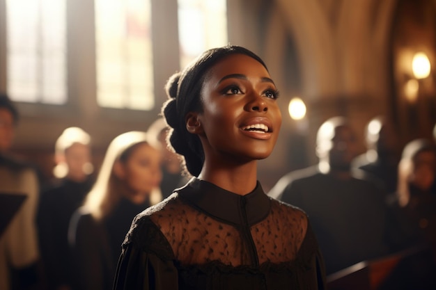 美しい若い黒人女性が教会の合唱団で歌います教会の教区のアフリカ系アメリカ人女性