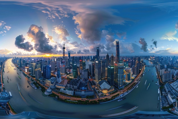 Aerial 360 degrees view of Shanghai cityscape half day and half night China