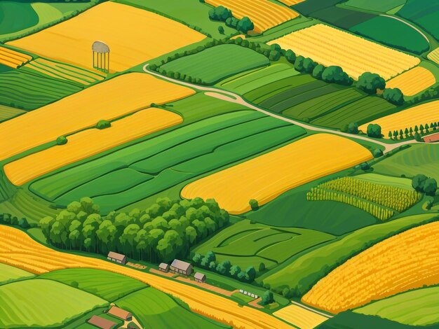 収穫のある圃場上の空中豊かな漫画フラット空撮