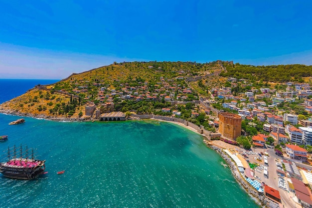 Aerial alanya castle and sea view. background aerial photo