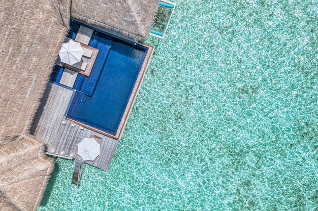 Aerial beach resort. Minimalist beach view from drone or airplane, infinity swimming pool near blue