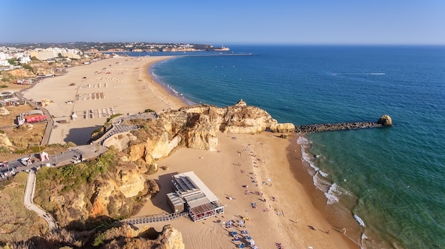 Aerial. Beach tres castelos, in Portimao, view from sky