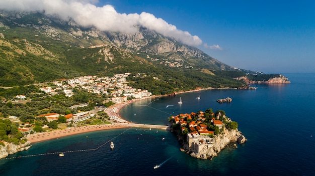 Aerial beautiful panoramic view at Sveti Stefan island in Budva, Montenegro.