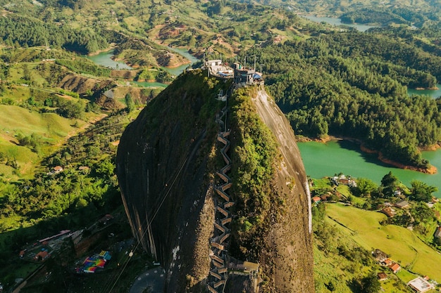 Aerial beautiful shot of Piedra El Penol, Guatape Antioquia in Colombia