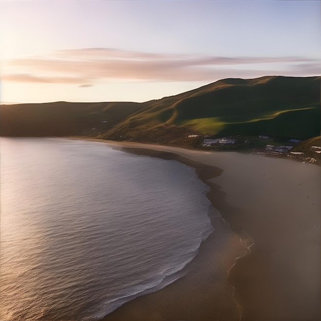 Aerial beautiful shot of a seashore with hills on the back