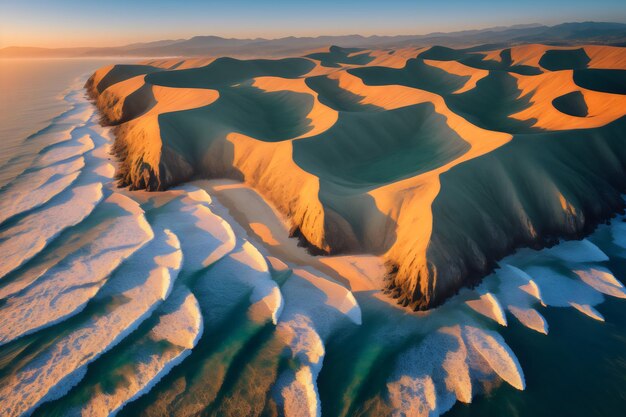 Aerial beautiful shot of a seashore with hills on the background at sunset