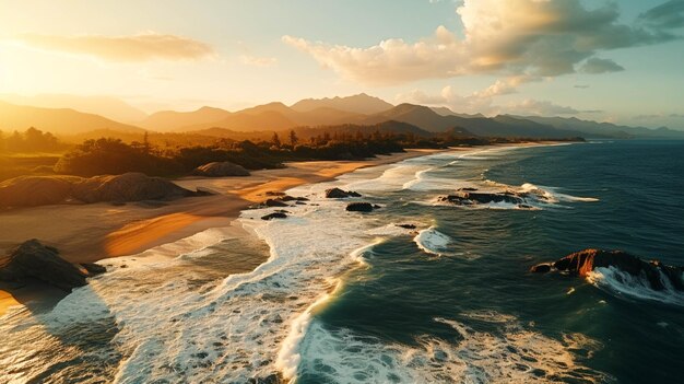 日没時の背景に丘のある海岸の空中美しいショット