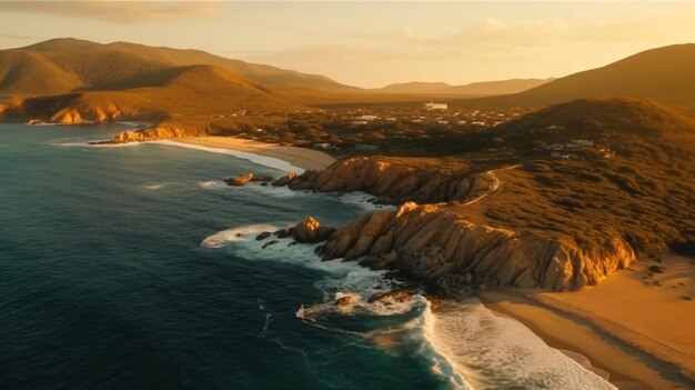 aerial beautiful shot of a seashore with hills