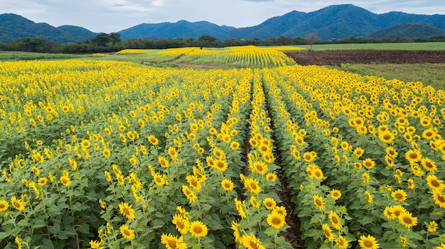 Aerial beautiful sunflower field Popular tourist attractions of Lopburi