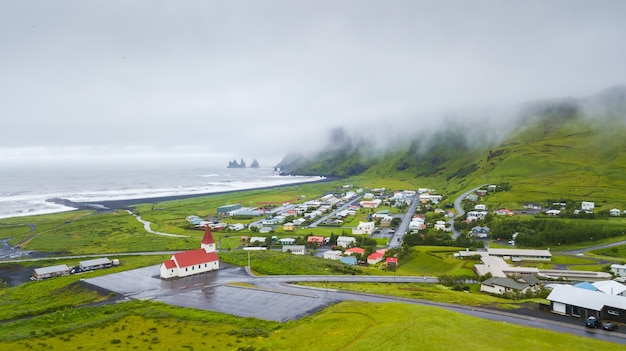 Aerial Beautiful view of Vik village in south Iceland 