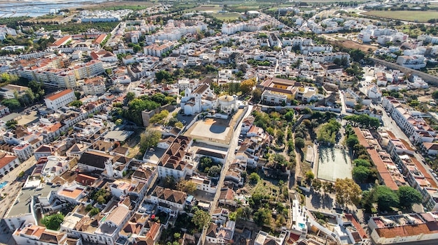 Aerial. The best tourist places of the town of Tavira. View from the sky.