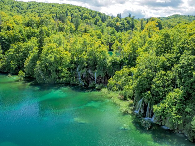 Aerial big Summer view of water lakes and beautiful waterfalls in Plitvice Lakes National Park Croatia