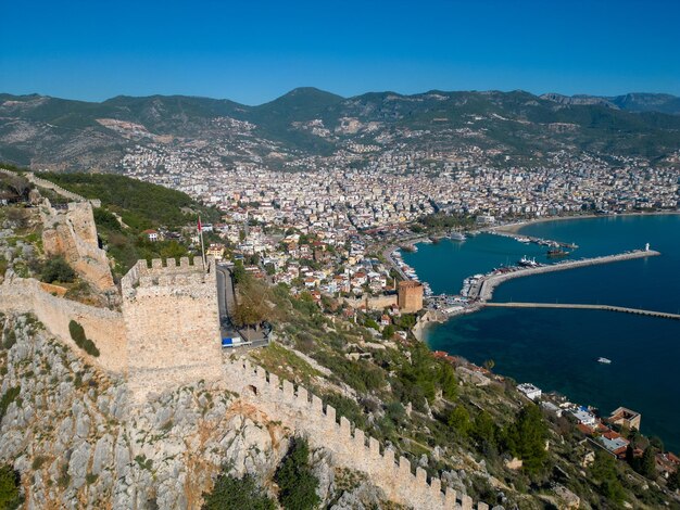 Aerial birds eye view of historical alanya castle