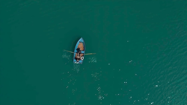 Aerial boat on the lake aerial view on two men in a boat on a lake rowed to the shore lonely boat in