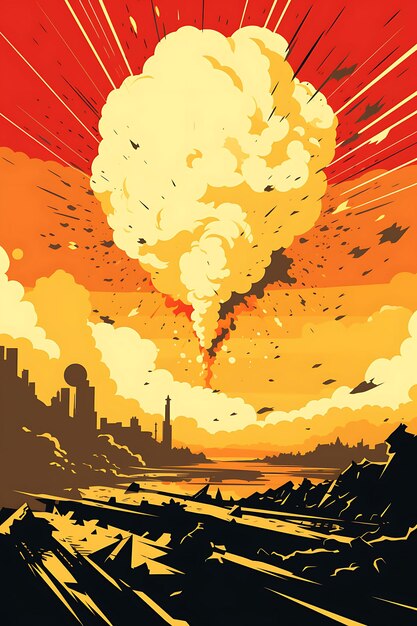 Aerial bomb explosion on a battlefield earthy tones with vib poster design 2d a4 creative ideas