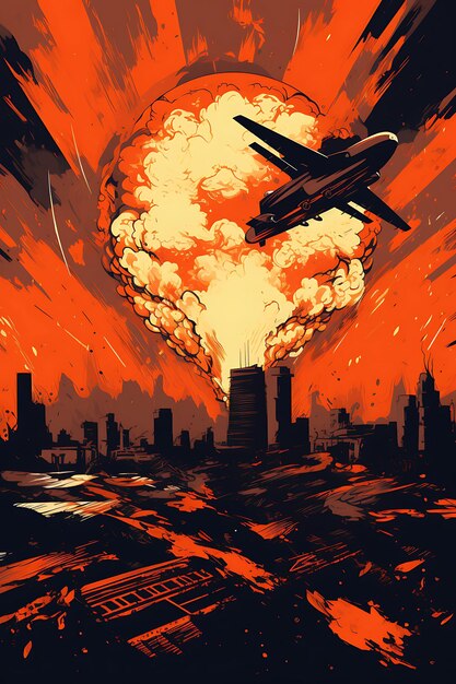 Photo aerial bomb explosion over a wartorn city fiery orange and poster design 2d a4 creative ideas