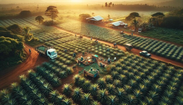 Aerial capture of an apple orchard in a tropical environment with some farmers working