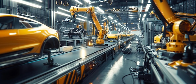 Photo aerial car factory 3d concept autonomous robot arm assembly line of hightech green electric vehicles construction building welding industrial production conveyors