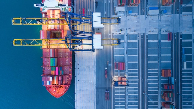 Aerial of cargo ship carrying container and running for export goods from cargo yard port to other ocean concept freight shipping ship on blue sea