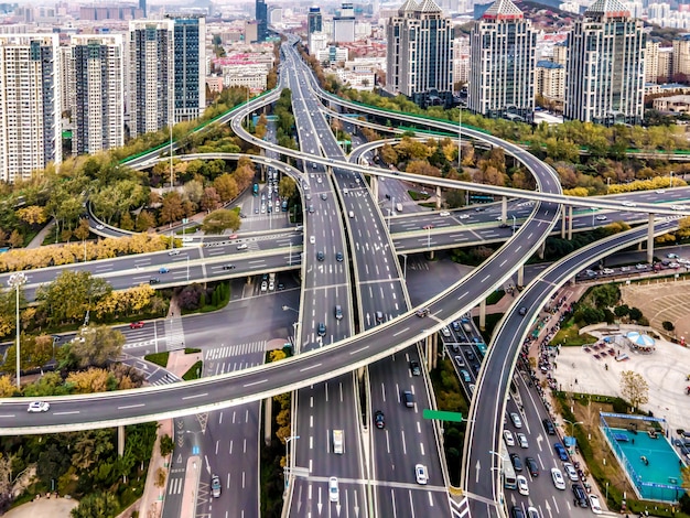 Aerial city overpass and architectural landscape