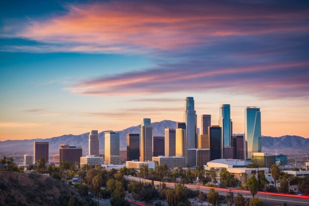 호(Ho)로 유명하고 유명한 메트로폴리탄 로스앤젤레스(Metropolitan Los Angeles) 항구 고속도로의 공중 도시 일출 전망