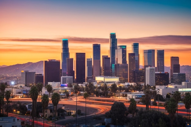 Вид с воздуха на восход солнца над автострадой гавани мегаполиса Лос-Анджелеса, популярной и известной благодаря Хо