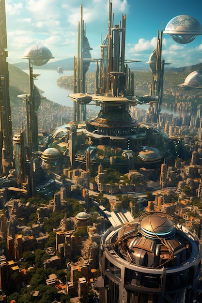 Aerial city view of futuristic cityscape